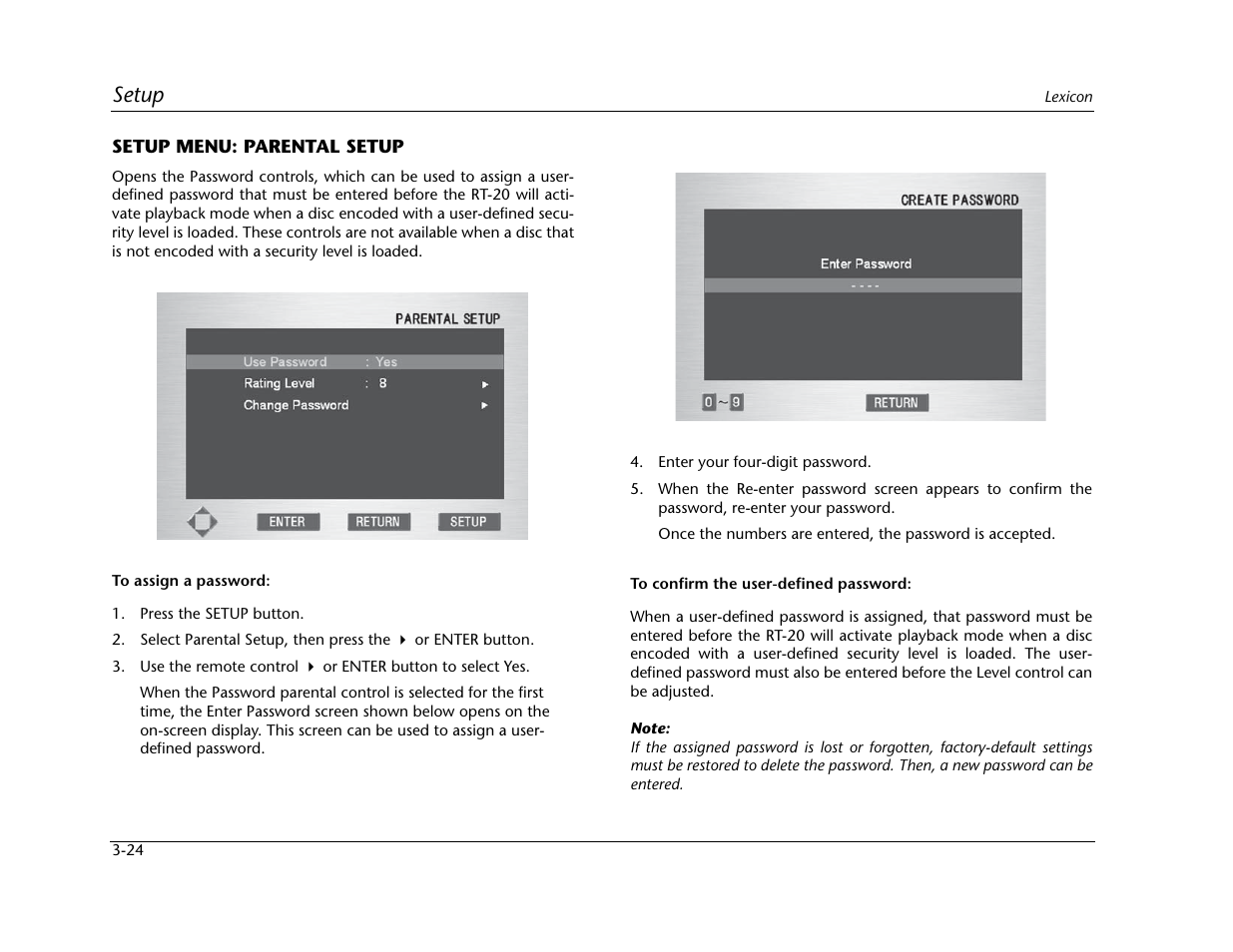 Setup | Lexicon Universal Disc Player RT-20 User Manual | Page 68 / 140