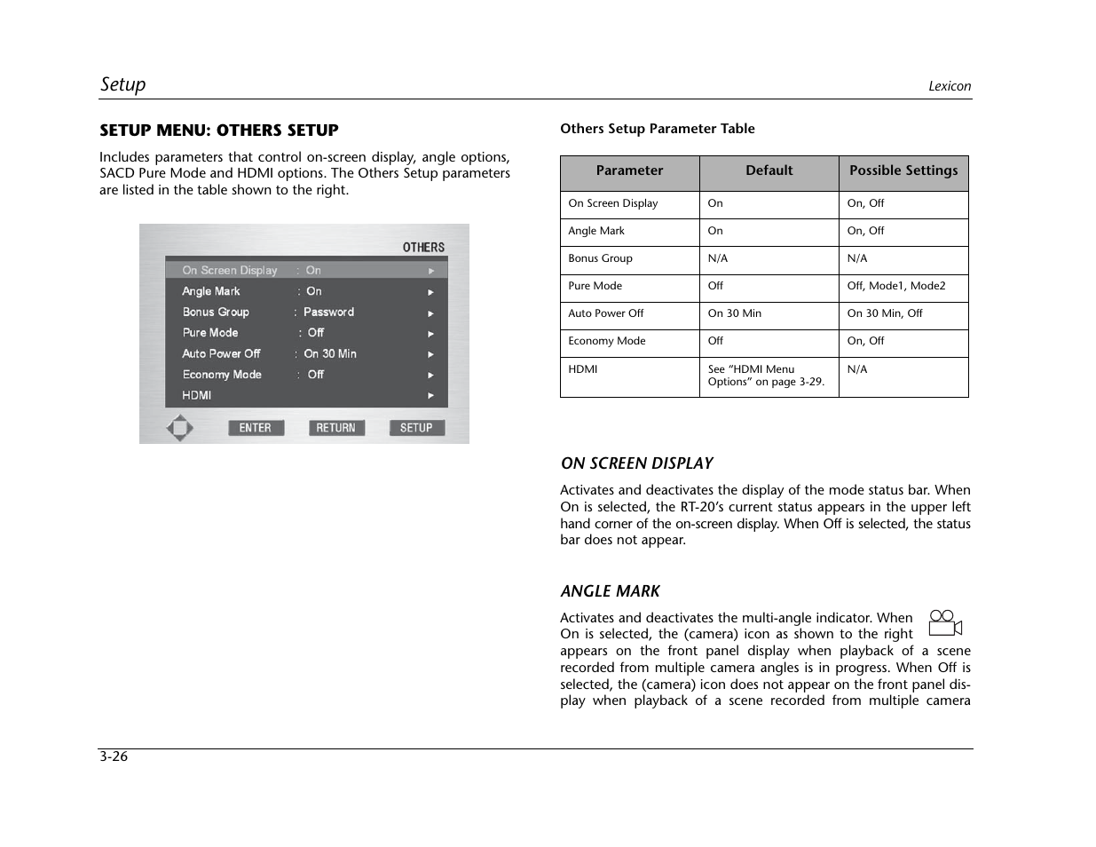 Setup, Setup menu: others setup, On screen display | Angle mark | Lexicon Universal Disc Player RT-20 User Manual | Page 70 / 140