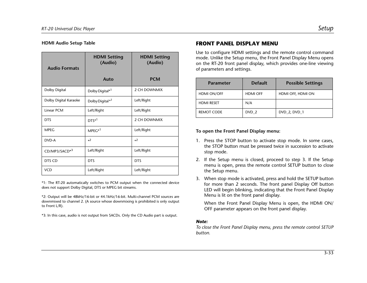 Setup, Front panel display menu | Lexicon Universal Disc Player RT-20 User Manual | Page 77 / 140