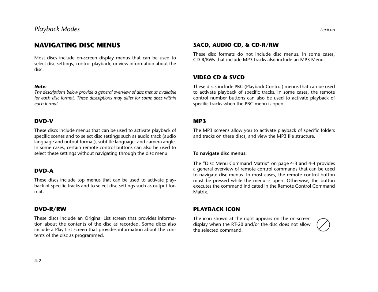 Playback modes, Navigating disc menus | Lexicon Universal Disc Player RT-20 User Manual | Page 88 / 140