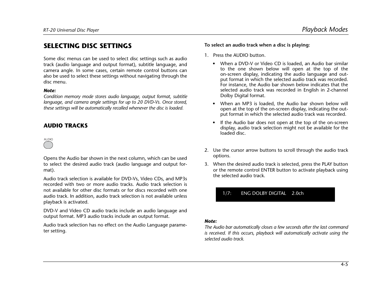 Playback modes, Selecting disc settings | Lexicon Universal Disc Player RT-20 User Manual | Page 91 / 140