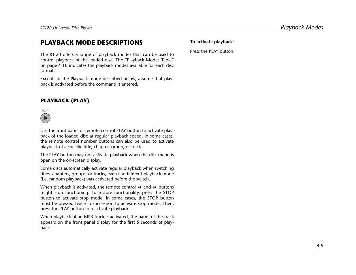 Playback modes, Playback mode descriptions | Lexicon Universal Disc Player RT-20 User Manual | Page 95 / 140