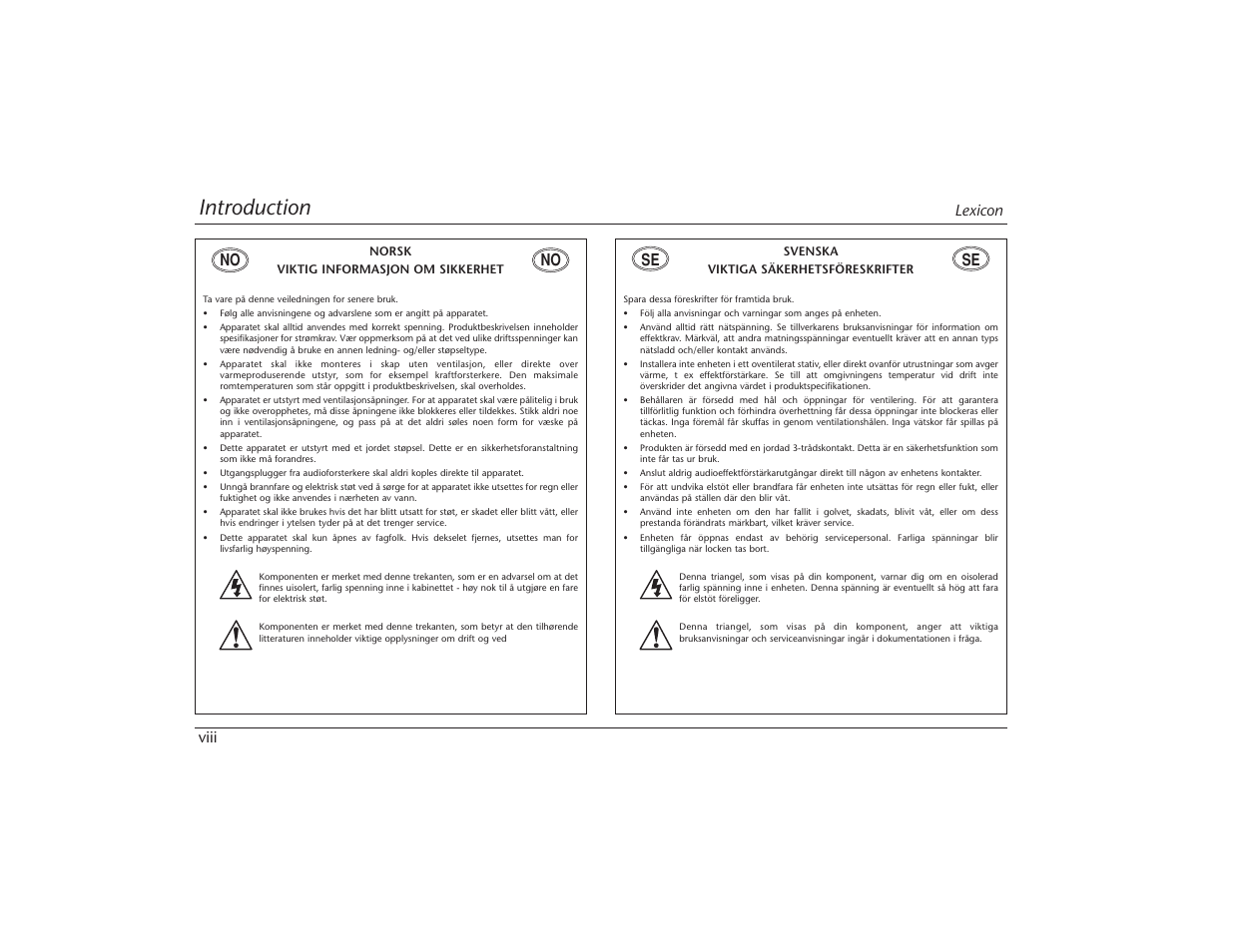Introduction, Lexicon viii, No se se | Lexicon MPX 550 User Manual | Page 10 / 111
