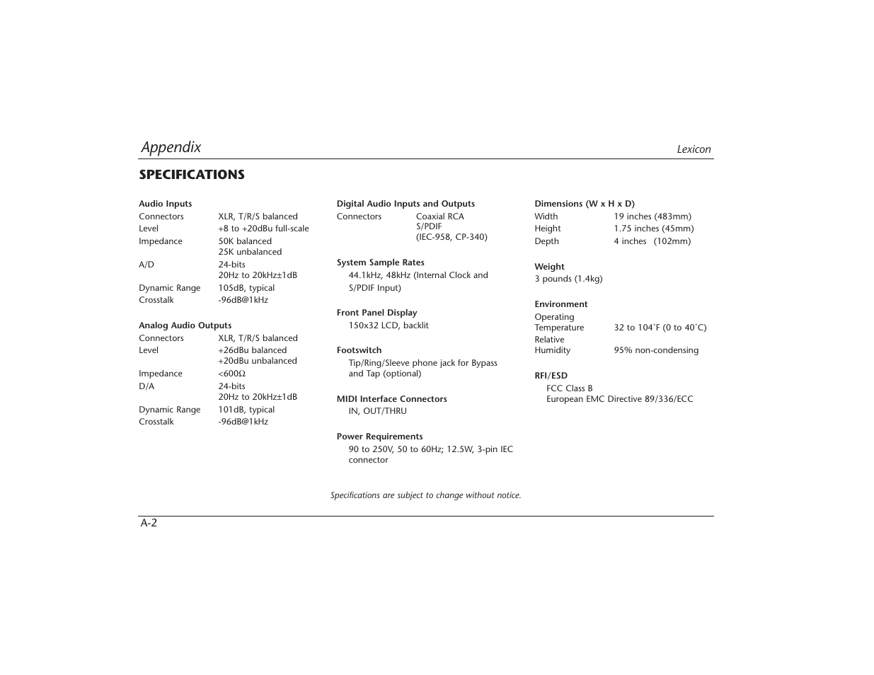 Appendix, Specifications | Lexicon MPX 550 User Manual | Page 103 / 111