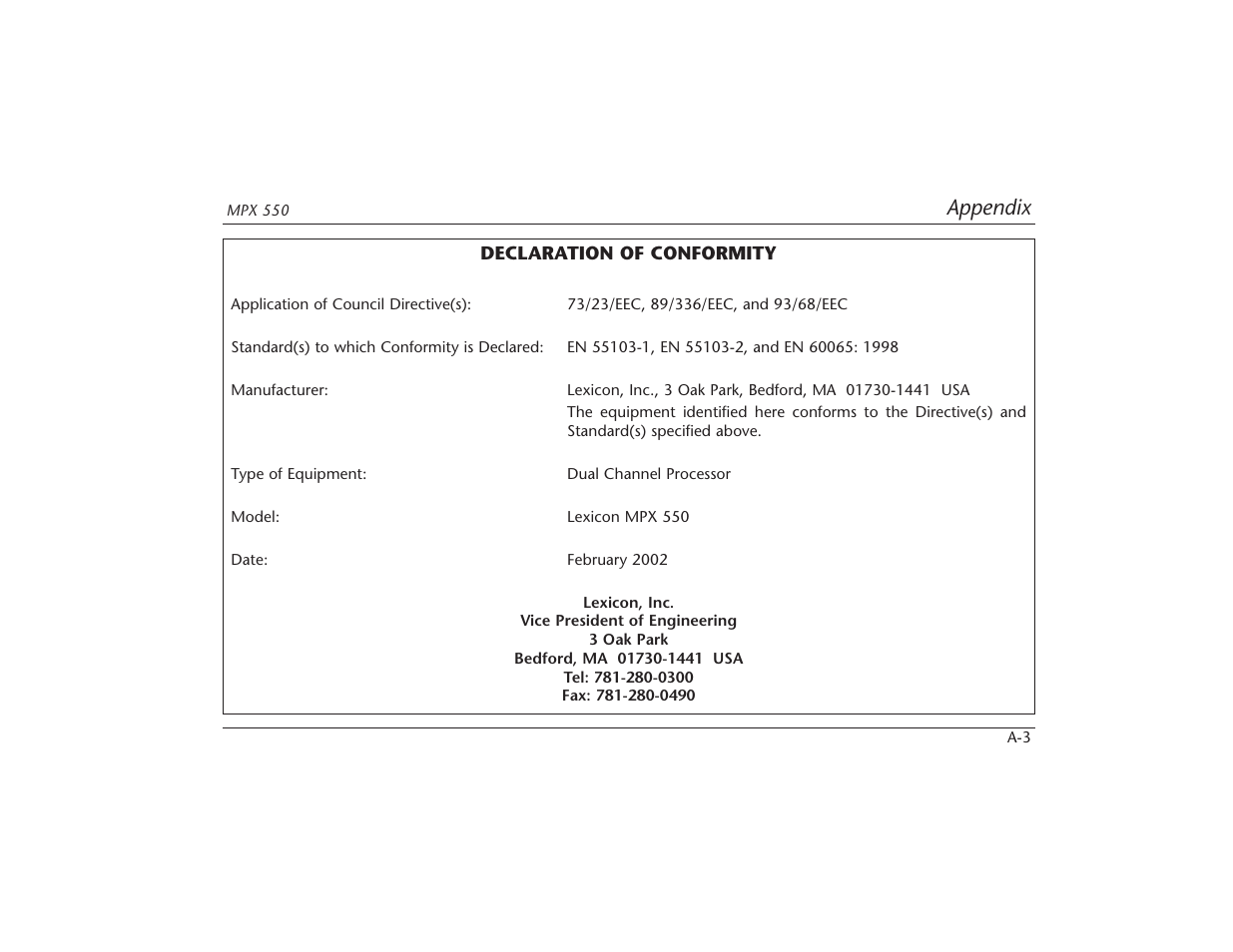 Appendix | Lexicon MPX 550 User Manual | Page 104 / 111