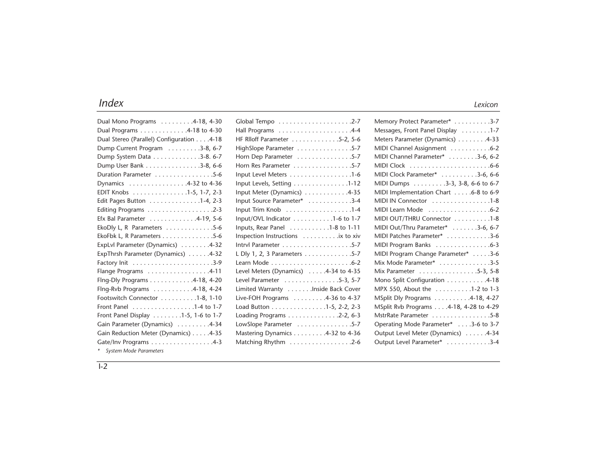 Index | Lexicon MPX 550 User Manual | Page 106 / 111