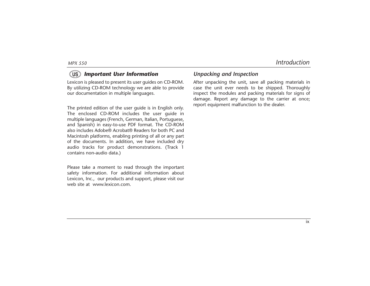 Lexicon MPX 550 User Manual | Page 11 / 111