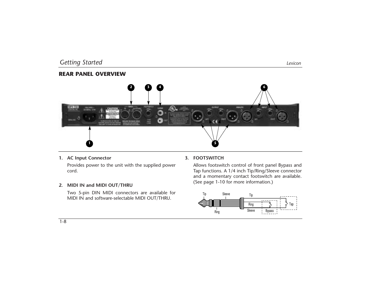 Getting started, Rear panel overview | Lexicon MPX 550 User Manual | Page 24 / 111