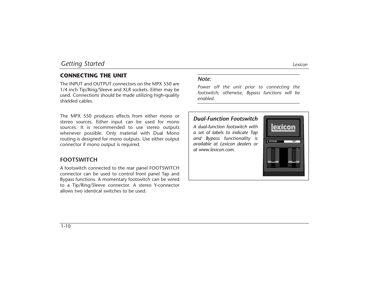 Getting started | Lexicon MPX 550 User Manual | Page 26 / 111