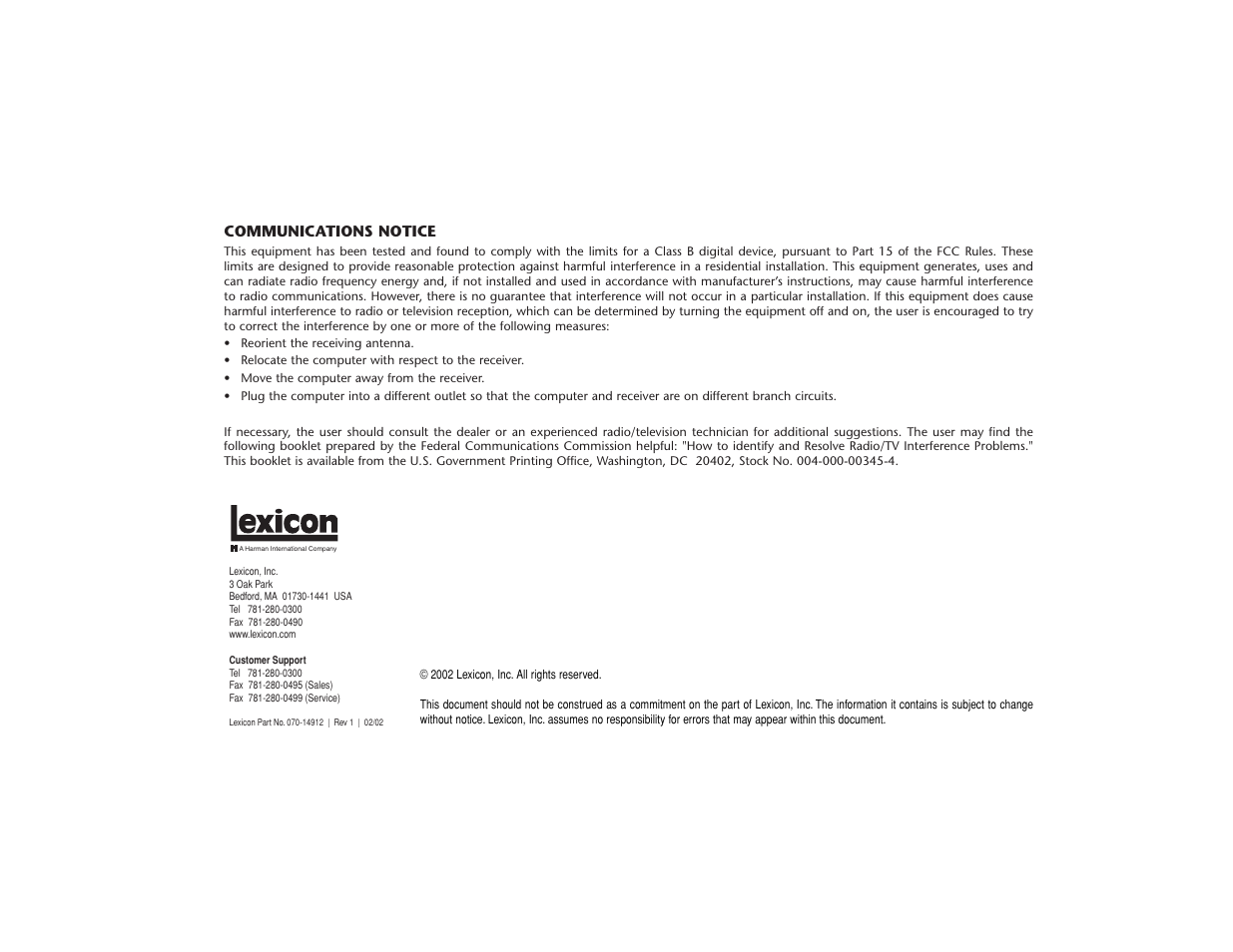 Communications notice | Lexicon MPX 550 User Manual | Page 3 / 111