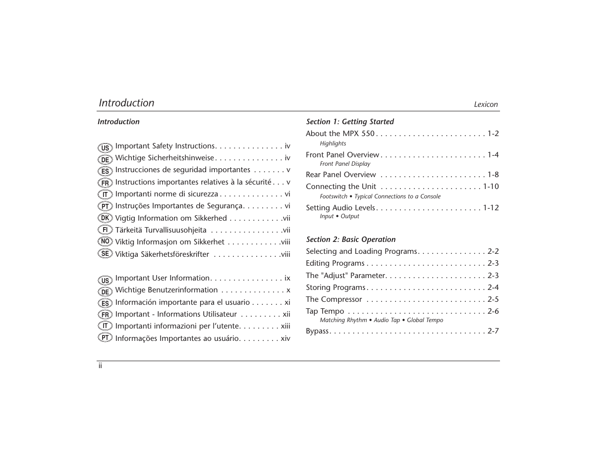 Introduction | Lexicon MPX 550 User Manual | Page 4 / 111