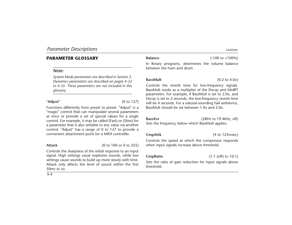 Parameter descriptions | Lexicon MPX 550 User Manual | Page 85 / 111