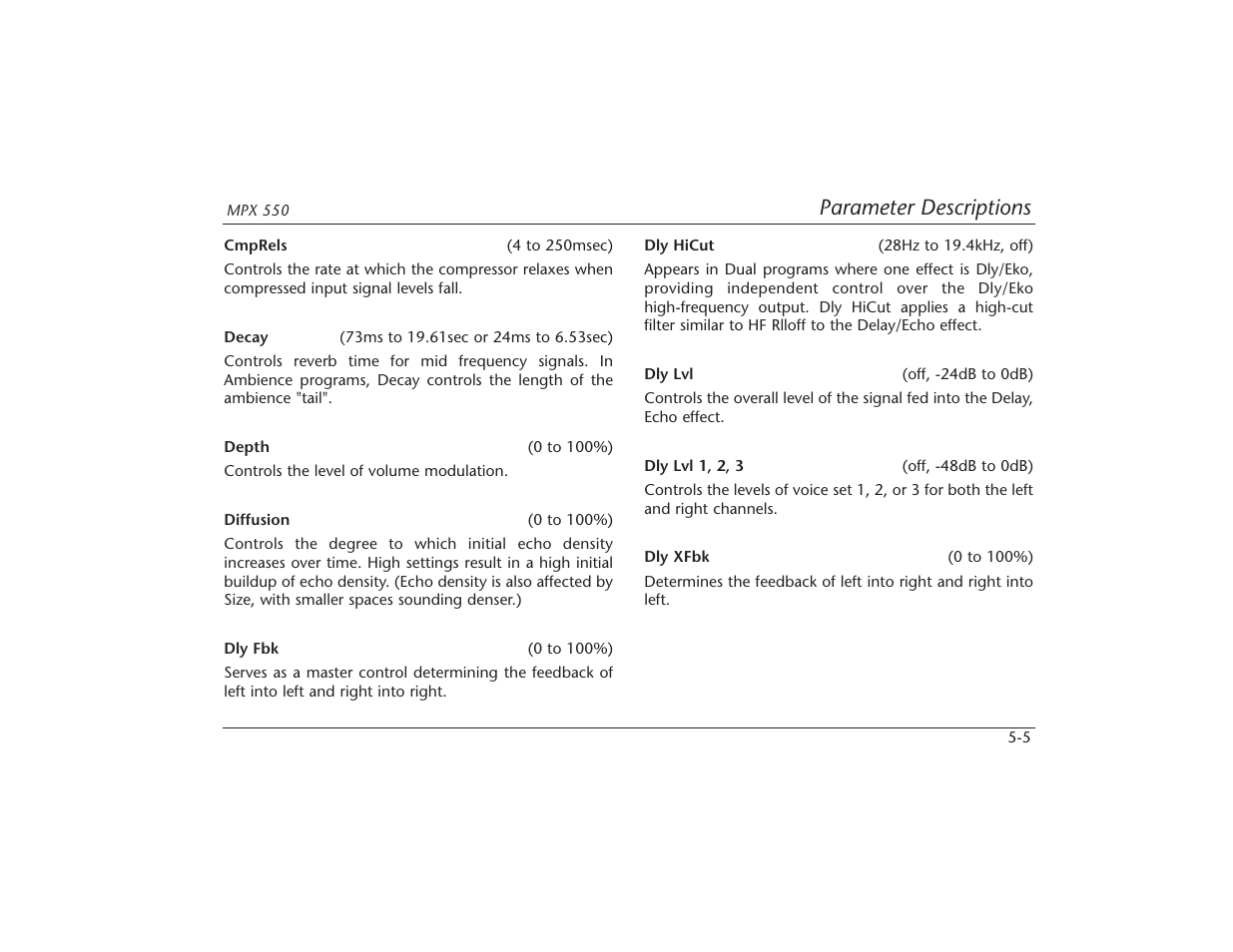 Parameter descriptions | Lexicon MPX 550 User Manual | Page 86 / 111