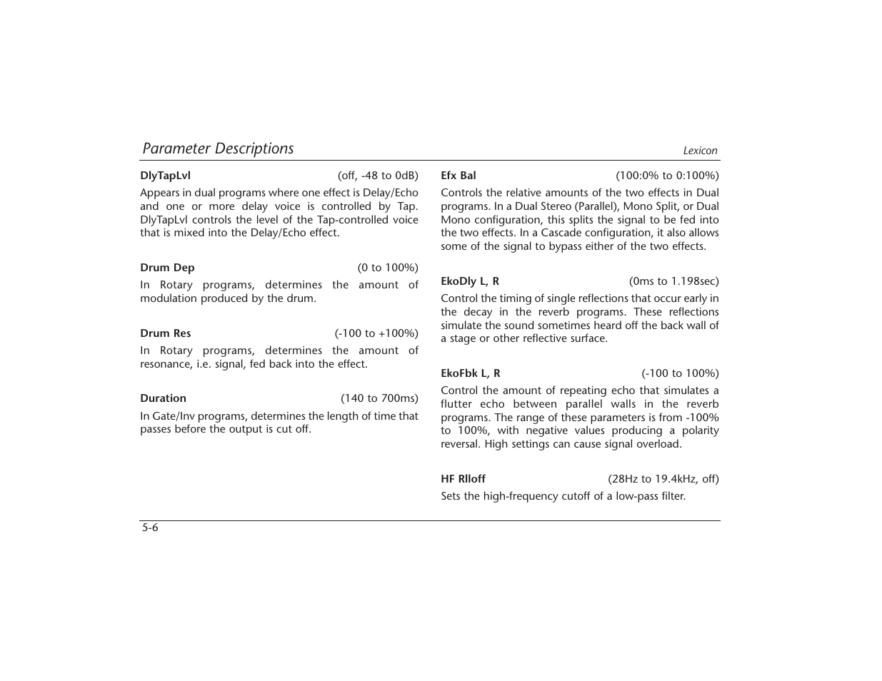 Parameter descriptions | Lexicon MPX 550 User Manual | Page 87 / 111