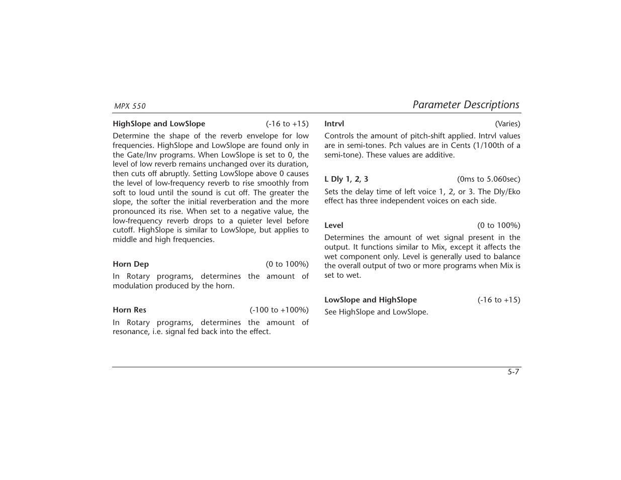 Parameter descriptions | Lexicon MPX 550 User Manual | Page 88 / 111