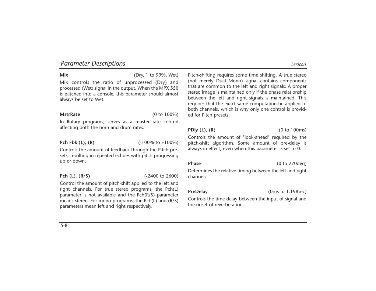 Parameter descriptions | Lexicon MPX 550 User Manual | Page 89 / 111