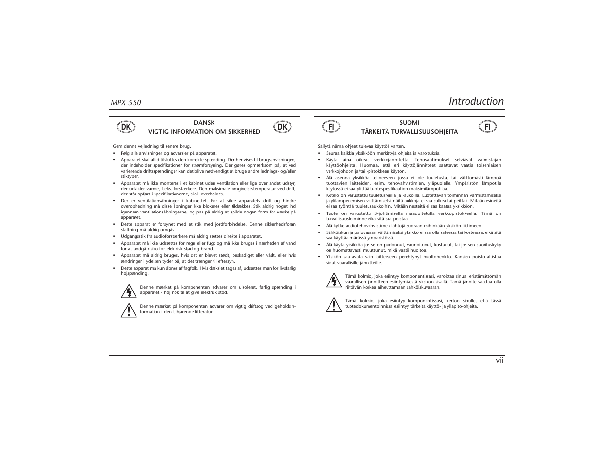 Introduction, Mpx 550 vii, Fi dk dk fi | Lexicon MPX 550 User Manual | Page 9 / 111