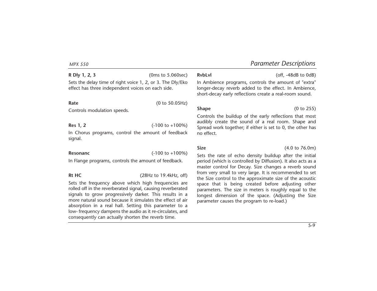Parameter descriptions | Lexicon MPX 550 User Manual | Page 90 / 111