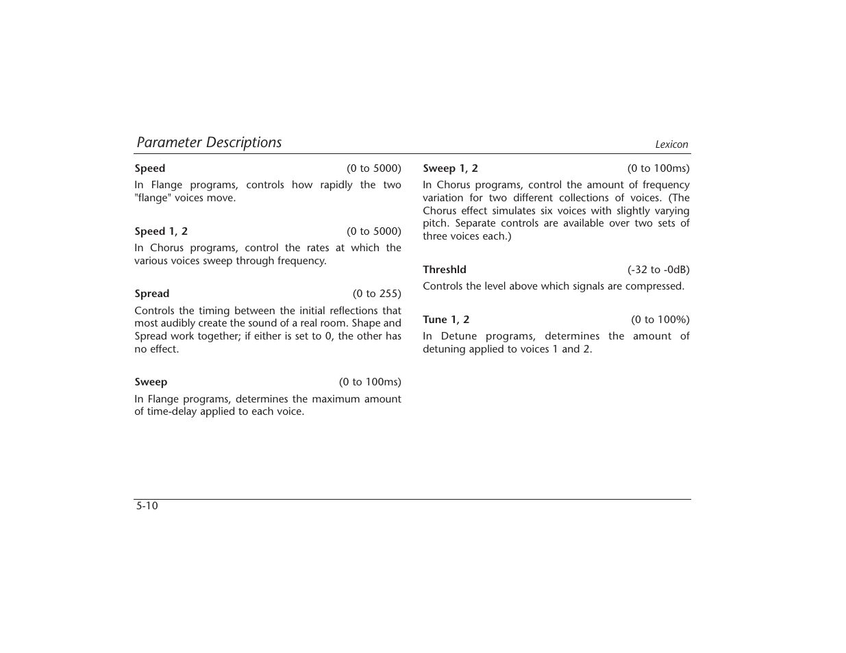 Parameter descriptions | Lexicon MPX 550 User Manual | Page 91 / 111