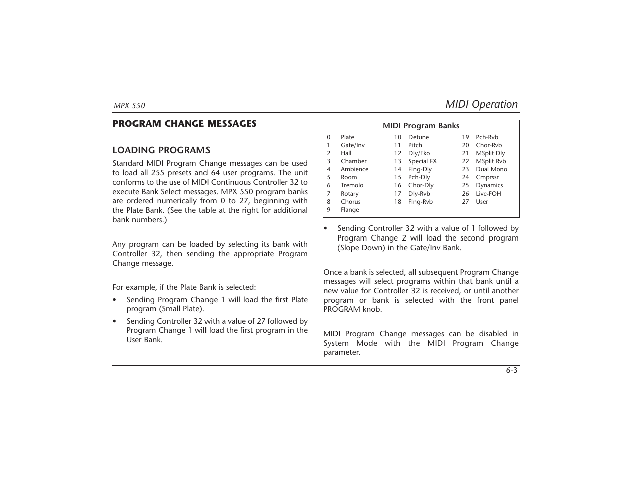 Midi operation, Program change messages loading programs | Lexicon MPX 550 User Manual | Page 95 / 111