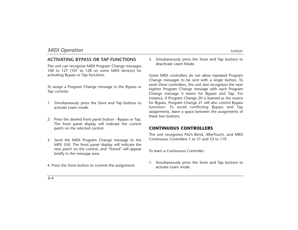 Midi operation | Lexicon MPX 550 User Manual | Page 96 / 111