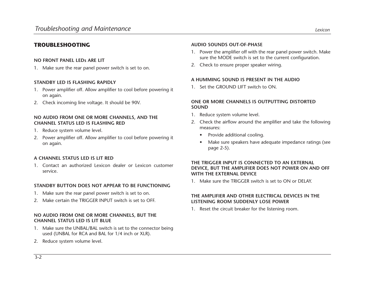 Troubleshooting and maintenance | Lexicon LX-7 User Manual | Page 19 / 27