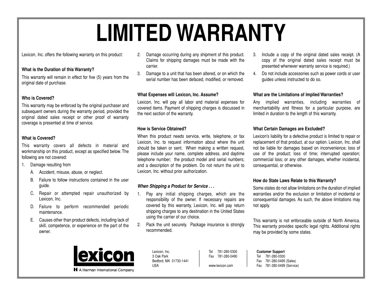 Limited warranty | Lexicon LX-7 User Manual | Page 25 / 27