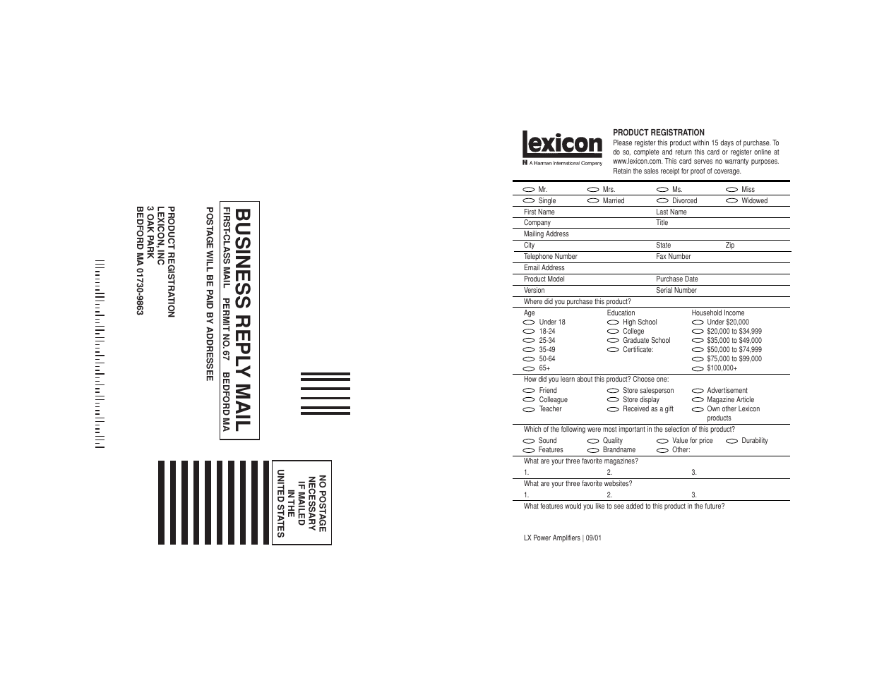 Business repl y mail | Lexicon LX-7 User Manual | Page 27 / 27