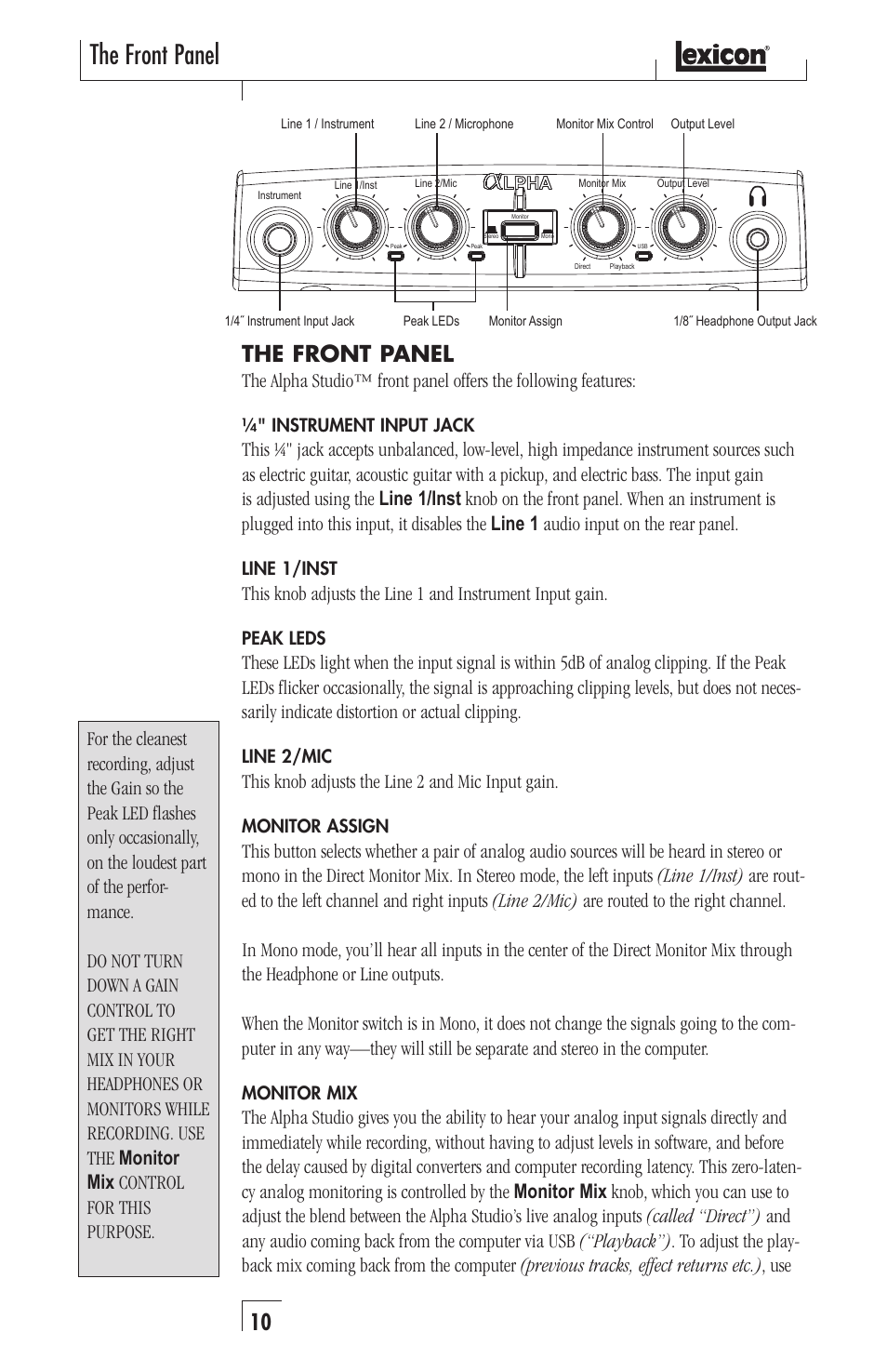 The front panel, This knob adjusts the line 2 and mic input gain | Lexicon Recording Studio User Manual | Page 10 / 36