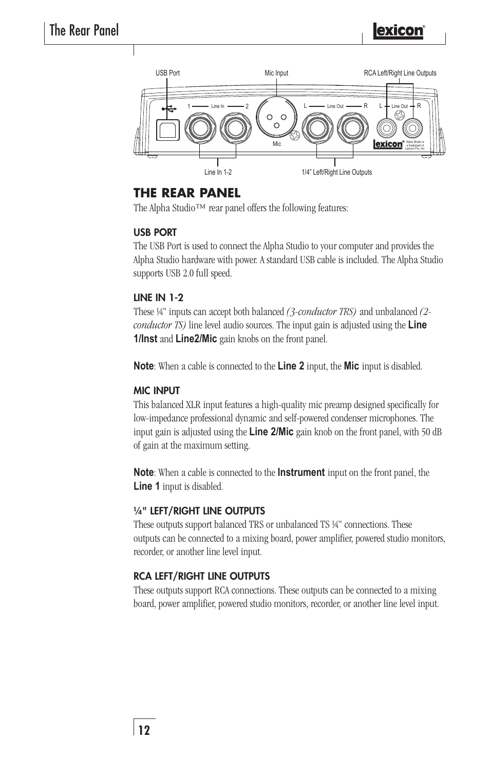 The rear panel | Lexicon Recording Studio User Manual | Page 12 / 36