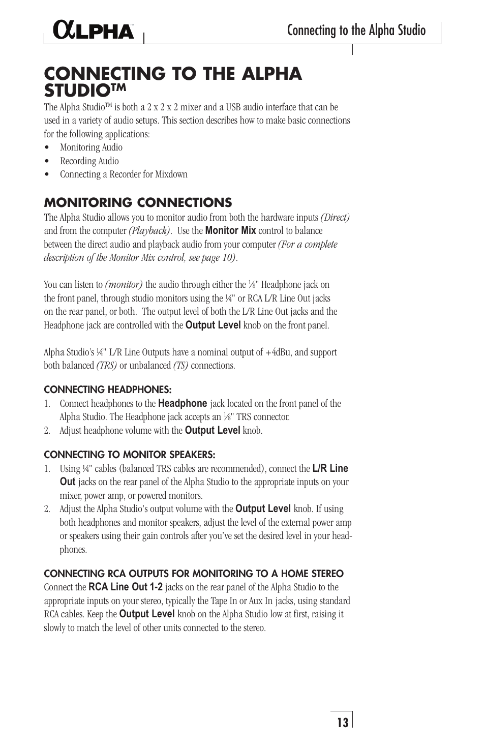 Connecting to the alpha studio | Lexicon Recording Studio User Manual | Page 13 / 36