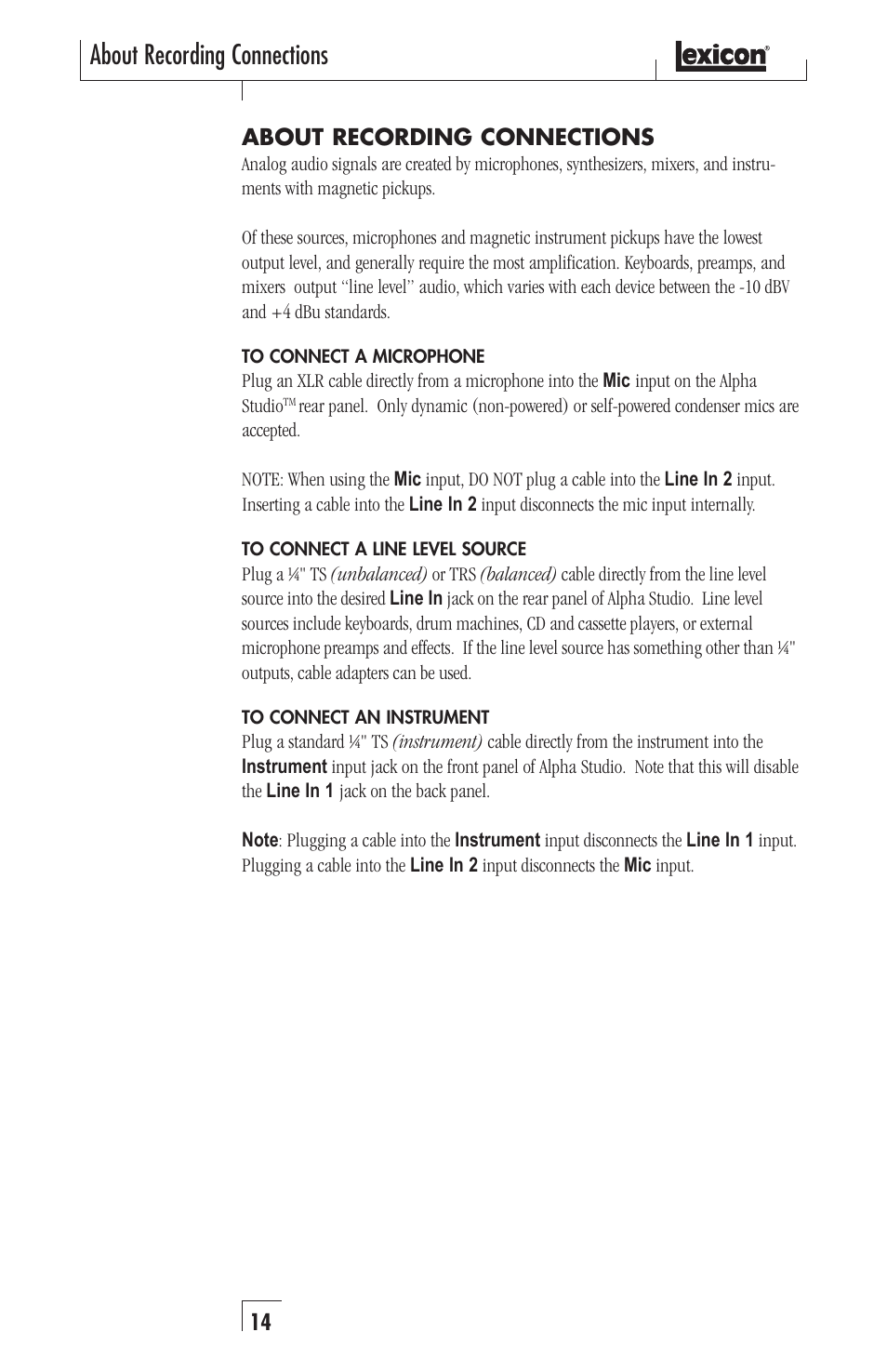 About recording connections | Lexicon Recording Studio User Manual | Page 14 / 36