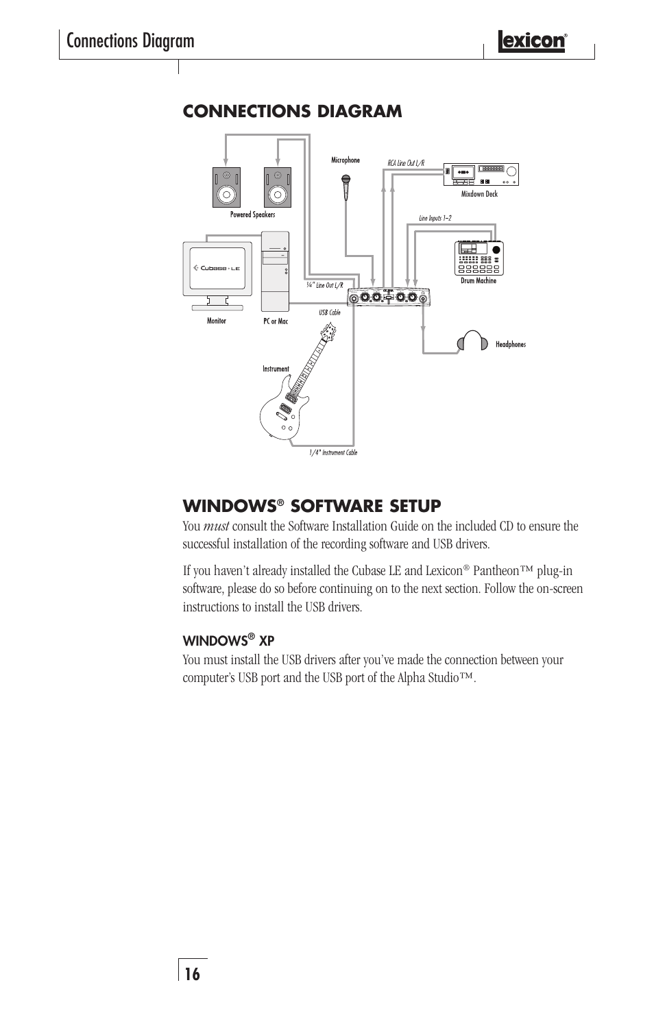 Connections diagram, Windows, Software setup | Lexicon Recording Studio User Manual | Page 16 / 36
