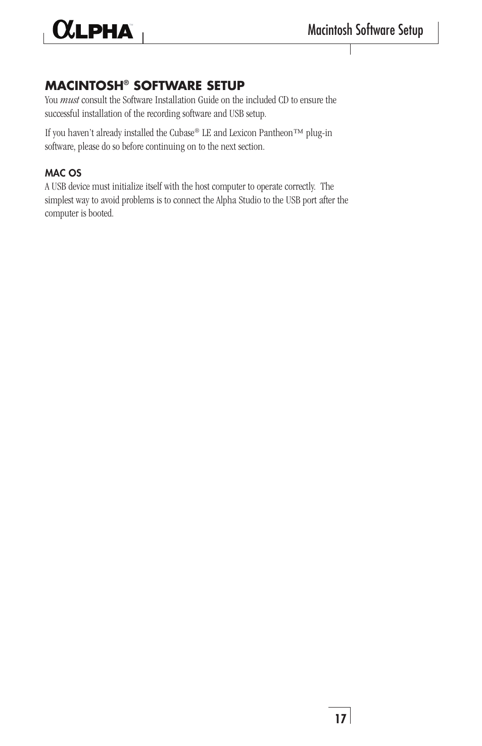 Macintosh software setup | Lexicon Recording Studio User Manual | Page 17 / 36