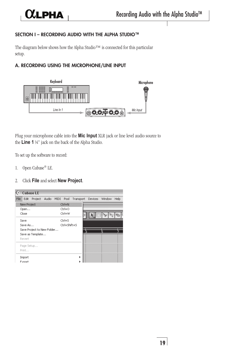 Recording audio with the alpha studio, Le. 2. click file and select new project, A. recording using the microphone/line input | Lexicon Recording Studio User Manual | Page 19 / 36