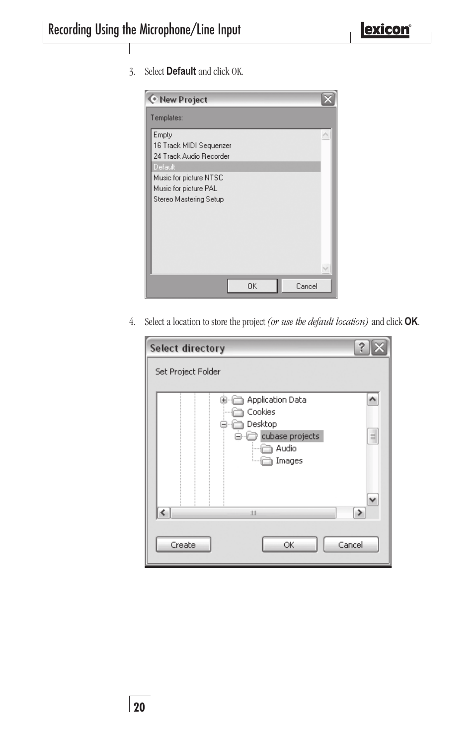 Recording using the microphone/line input | Lexicon Recording Studio User Manual | Page 20 / 36