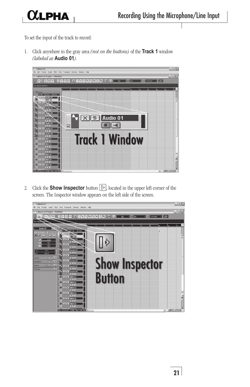 Recording using the microphone/line input | Lexicon Recording Studio User Manual | Page 21 / 36