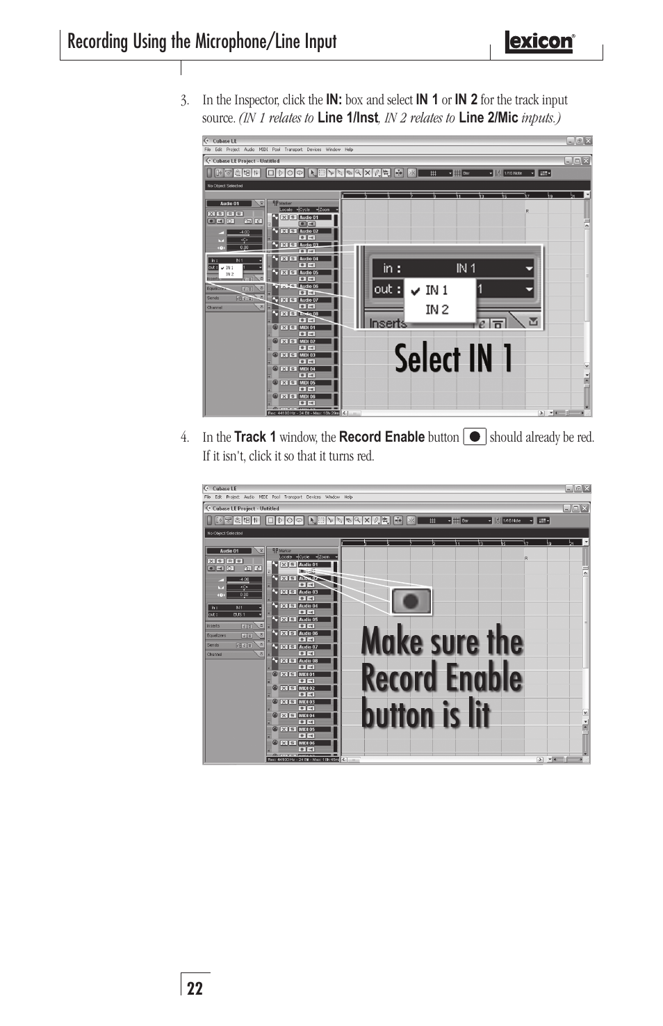 Recording using the microphone/line input | Lexicon Recording Studio User Manual | Page 22 / 36
