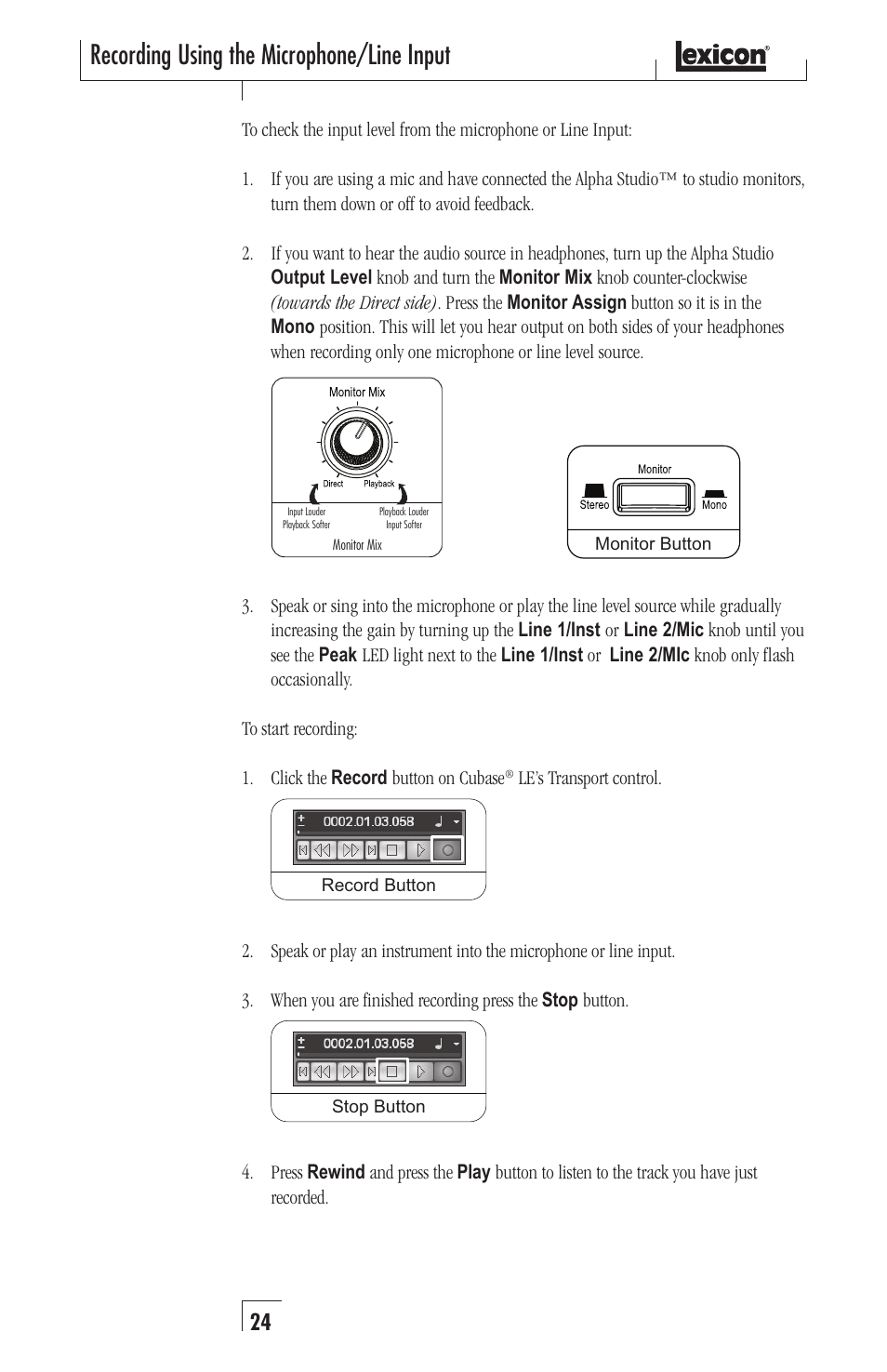 Recording using the microphone/line input | Lexicon Recording Studio User Manual | Page 24 / 36