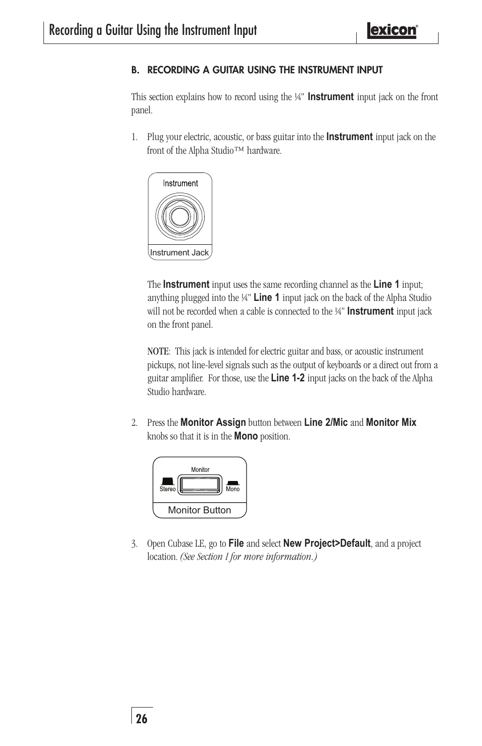 Recording a guitar using the instrument input | Lexicon Recording Studio User Manual | Page 26 / 36