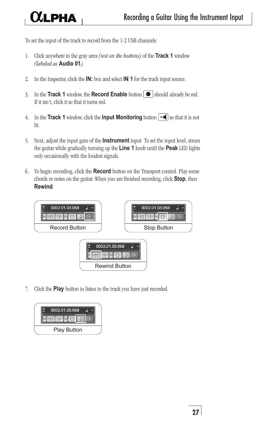 Recording a guitar using the instrument input | Lexicon Recording Studio User Manual | Page 27 / 36