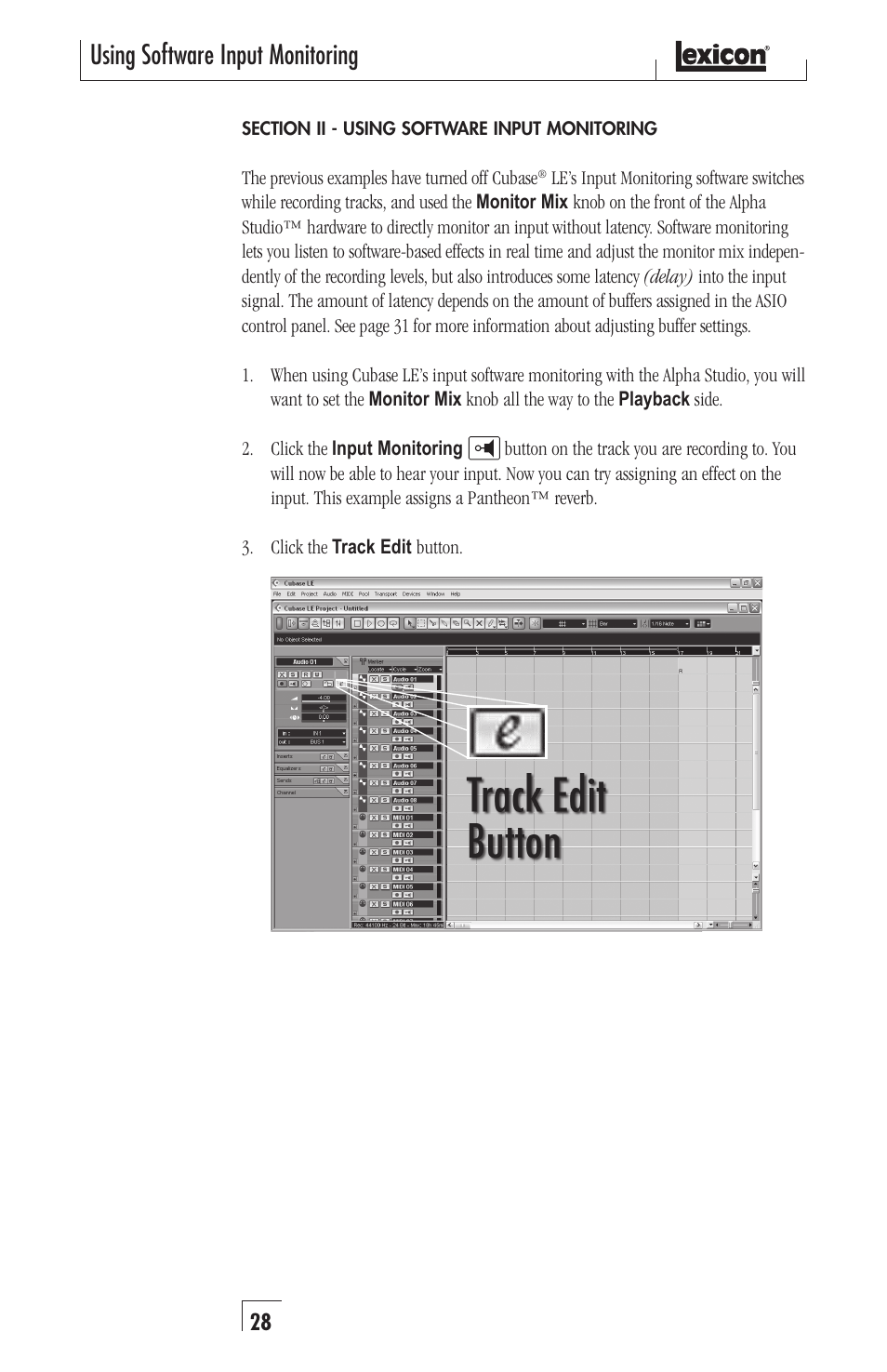Using software input monitoring | Lexicon Recording Studio User Manual | Page 28 / 36