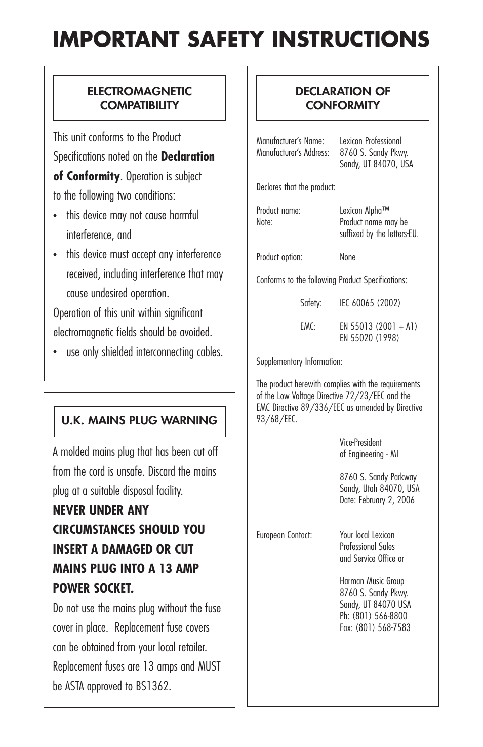 Important safety instructions, Use only shielded interconnecting cables | Lexicon Recording Studio User Manual | Page 3 / 36