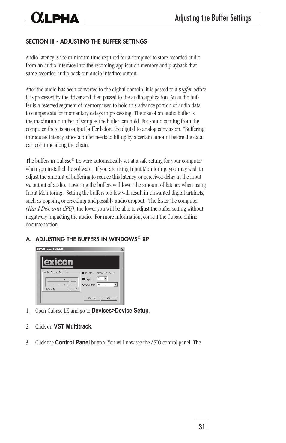 Adjusting the buffer settings | Lexicon Recording Studio User Manual | Page 31 / 36