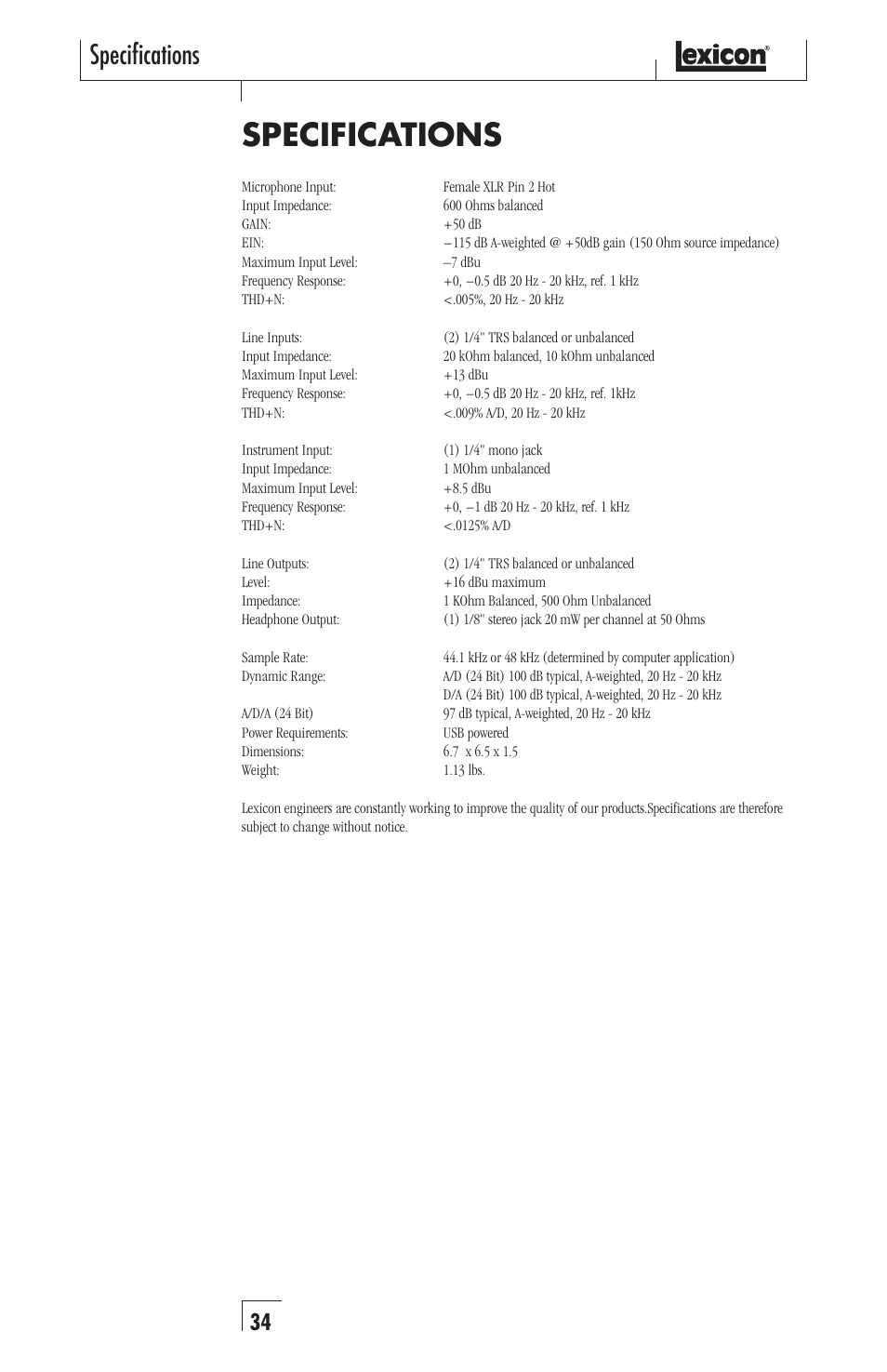 Specifications | Lexicon Recording Studio User Manual | Page 34 / 36