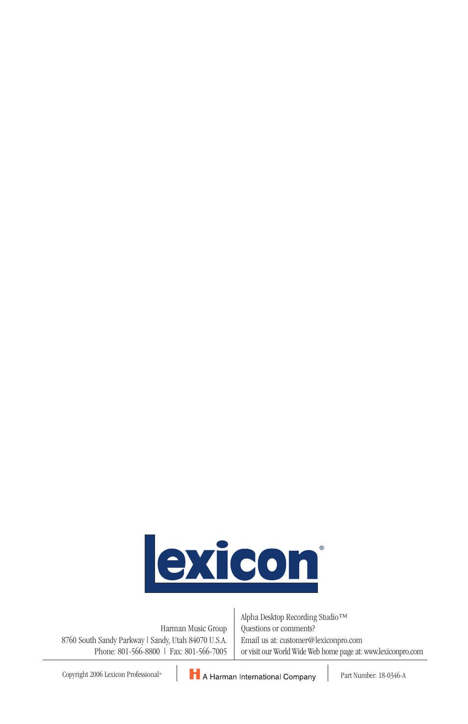 Lexicon Recording Studio User Manual | Page 36 / 36