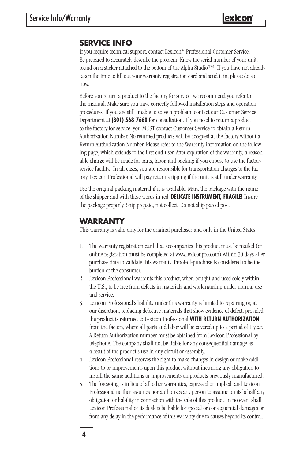 Service info/warranty | Lexicon Recording Studio User Manual | Page 4 / 36