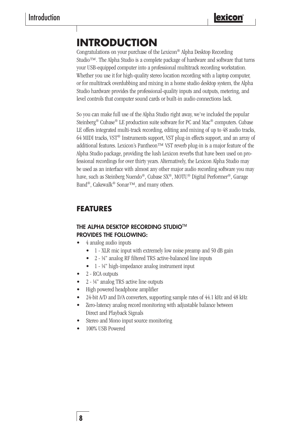 Introduction, Features | Lexicon Recording Studio User Manual | Page 8 / 36