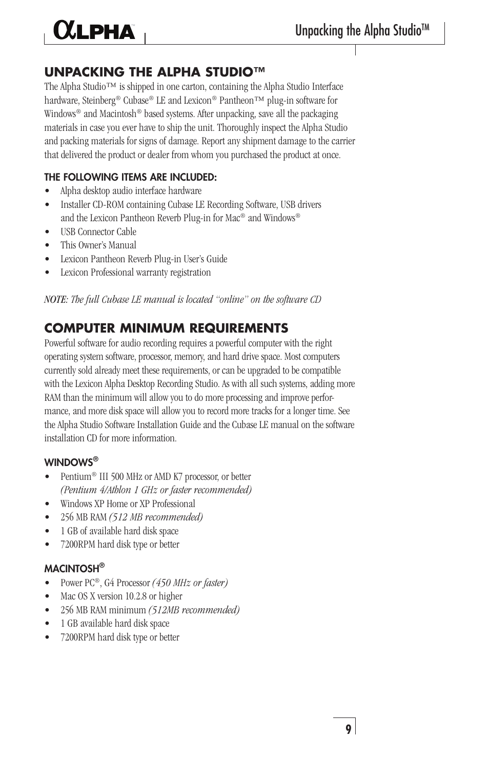 Unpacking the alpha studio, Computer minimum requirements | Lexicon Recording Studio User Manual | Page 9 / 36