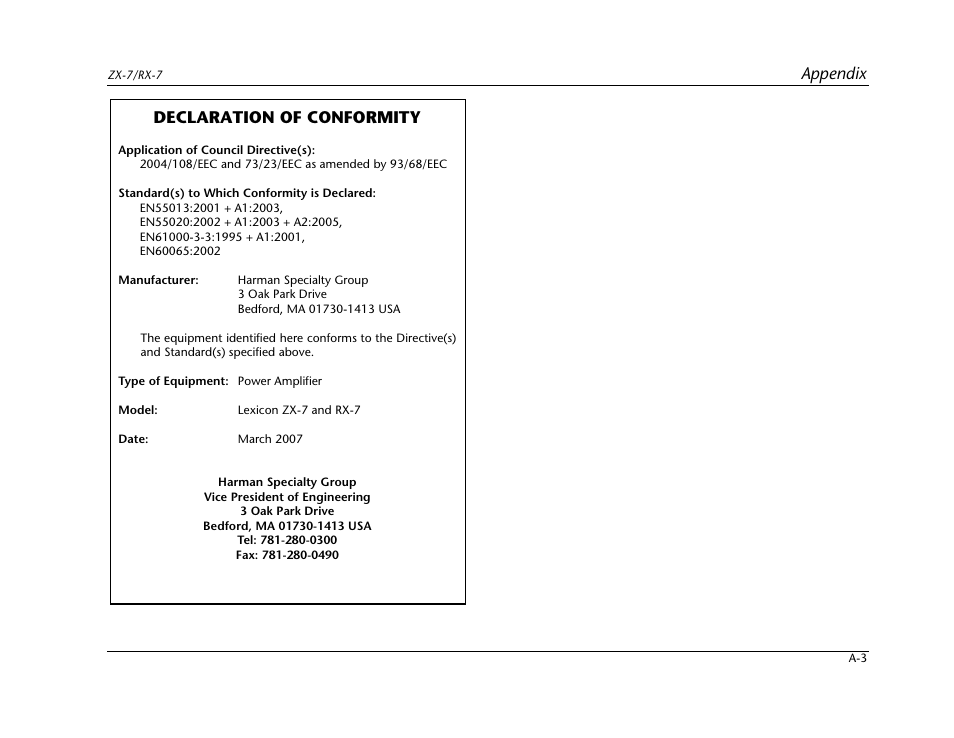 Appendix, Declaration of conformity | Lexicon Power Amplifier RX-7 User Manual | Page 29 / 32